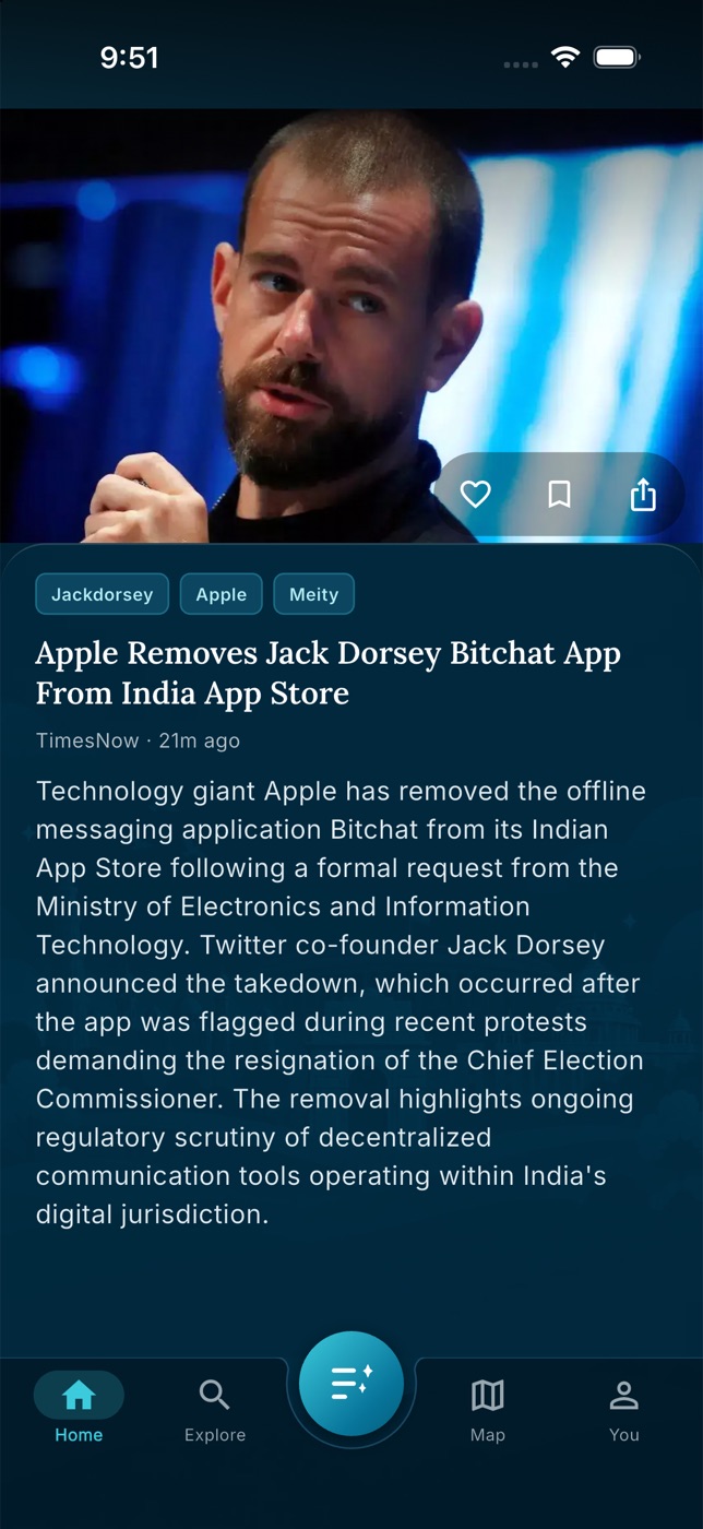 The news feed: a story with its photo, tags, headline, source and summary.